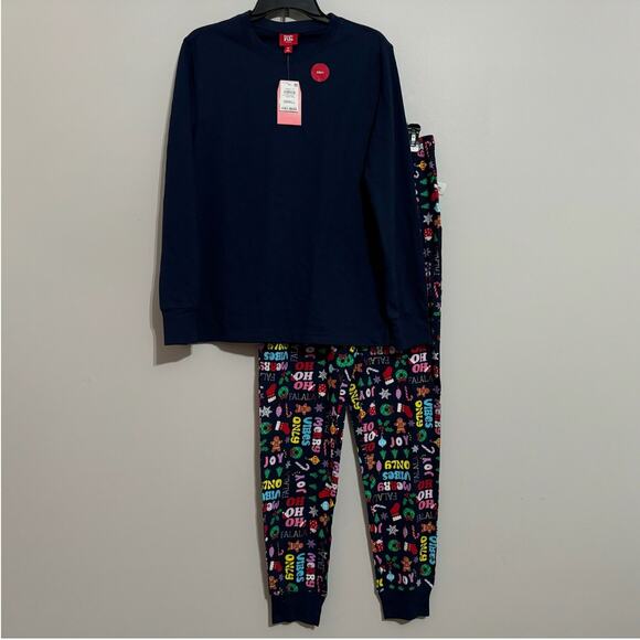 Macys Pajama Set Mens Small Navy Colorful Festive Holiday Lounge Comfy Cozy - Picture 2 of 9